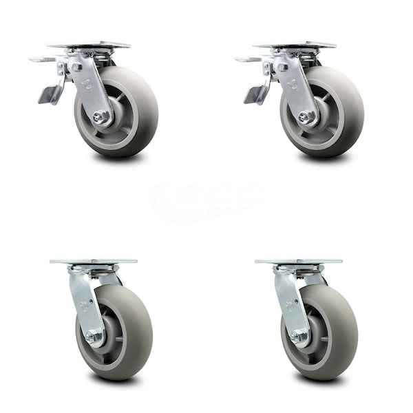 6 Inch Thermoplastic Rubber Caster Set with Roller Bearing 2 Total Lock Brake